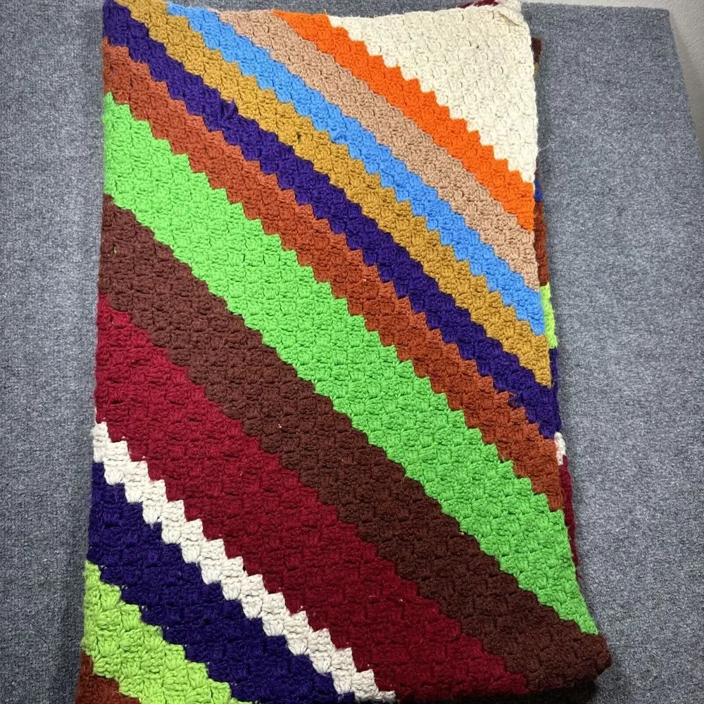 Knit‎ Afghan Blanket Throw 75X 53 Multi Color Stripes Striped Hand Made Granny